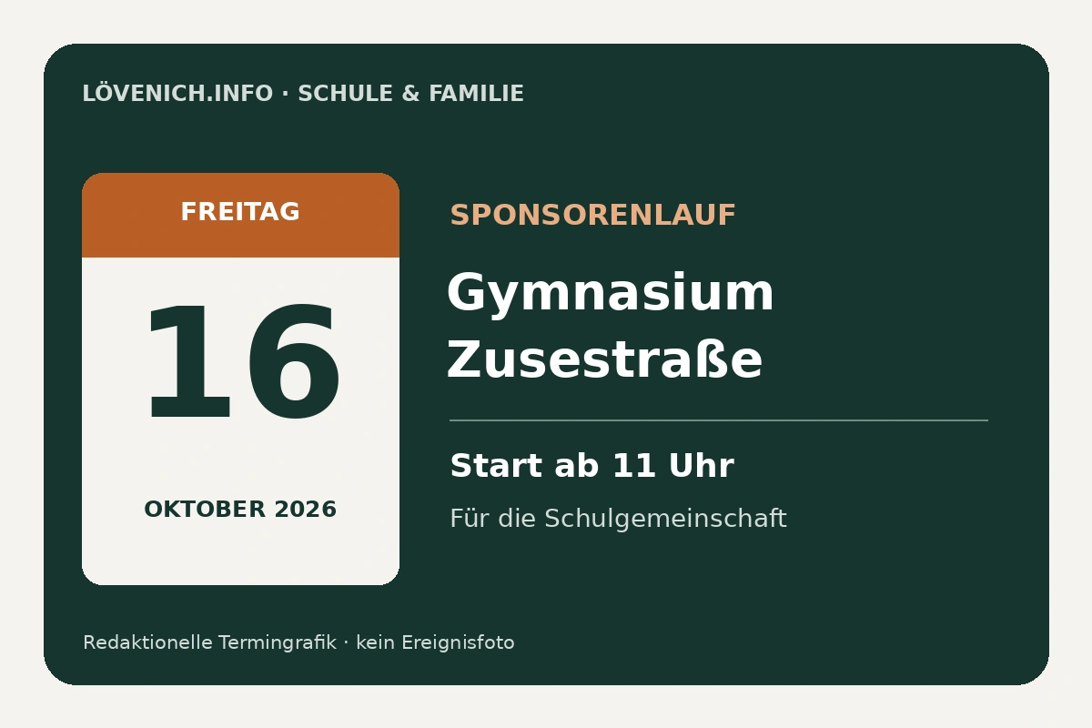 Redaktionelle Termingrafik: Sponsorenlauf des Gymnasiums Zusestraße am Freitag, 16. Oktober 2026, Start ab 11 Uhr